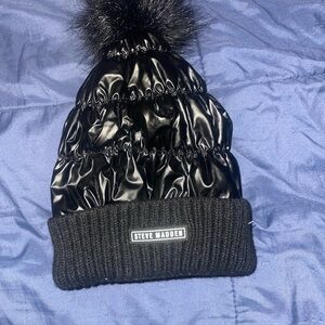Steve Madden Shiny Black Kids Pom-Pom Hat